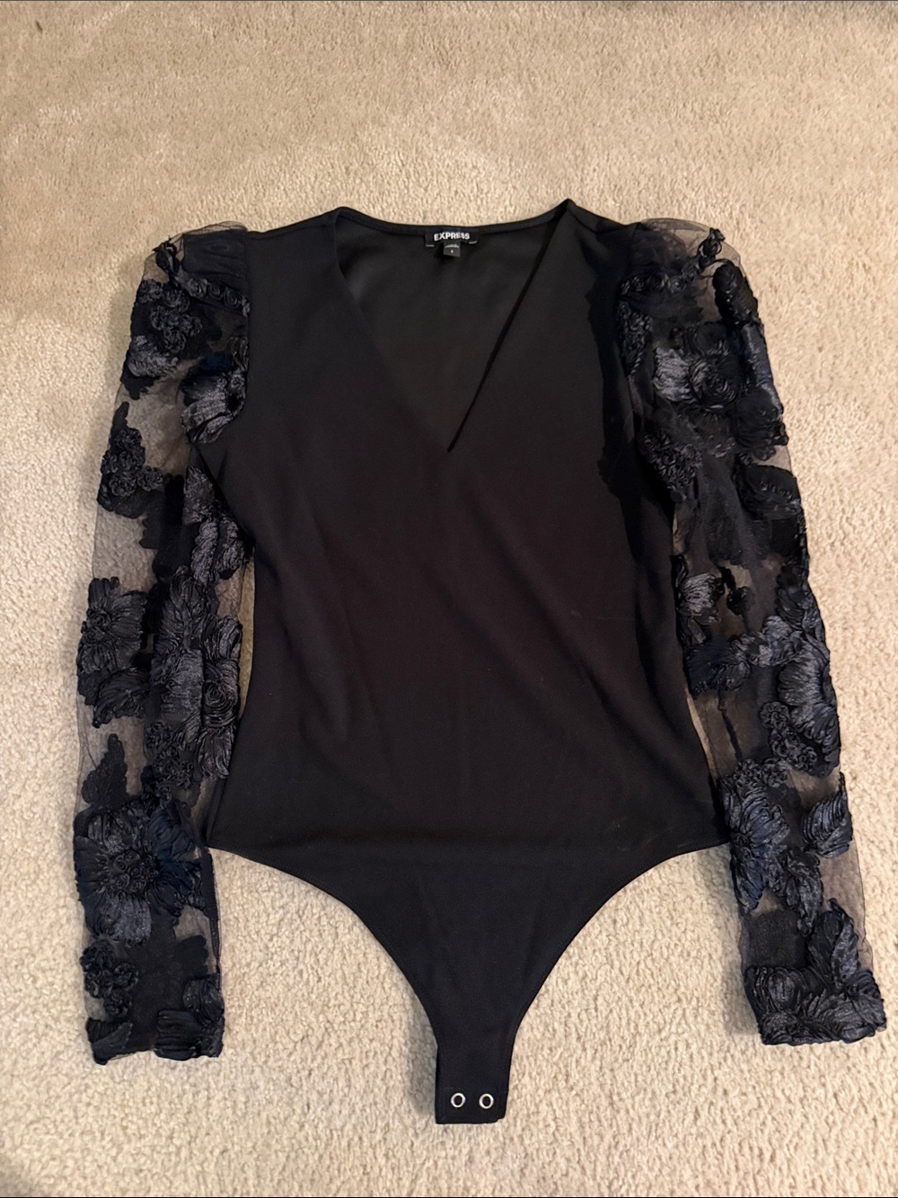Express Black Bodysuit with Floral Lace Sleeves